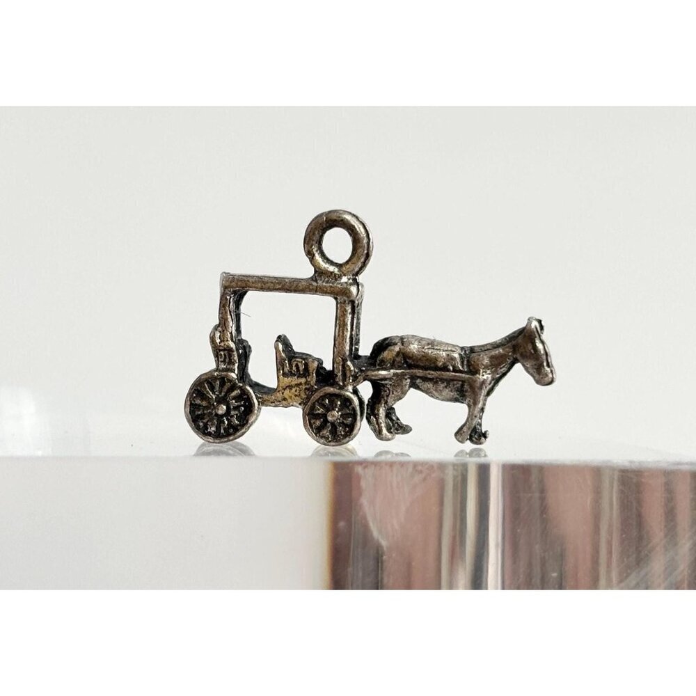 Horse & Carriage Hand Carved 925 Sterling Silver Figural Vintage Pendant | Charm
